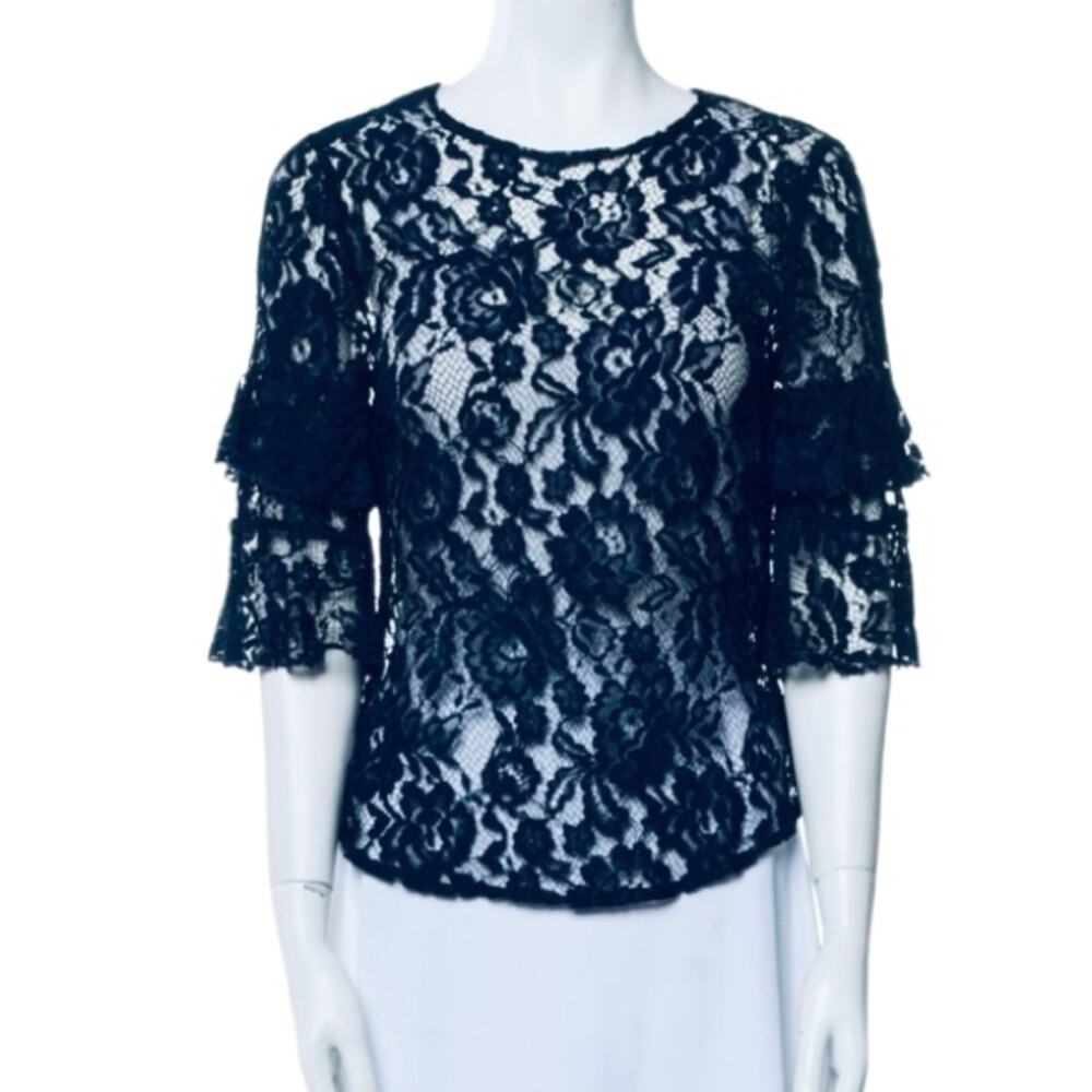Reformation Marie Sheer Lace Ruffle Sleeve Crewneck Blue Size Small NWT - Picture 2 of 6